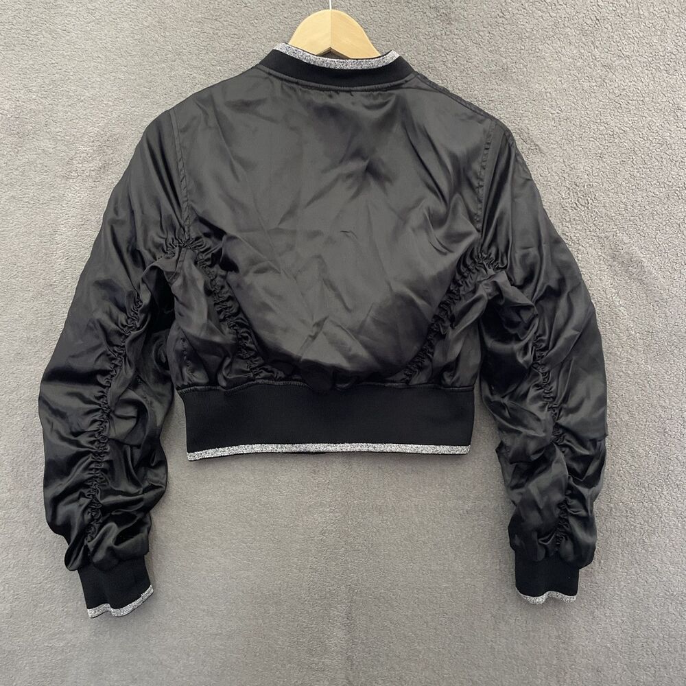 Southpole Women M Cropped Bomber Jacket Black Ruched Satin Y2K Gorpcore Tech - Picture 14 of 16
